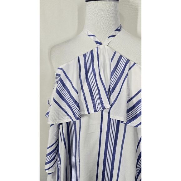 Express Ruffle White and Blue Long Sleeve Cold Shoulder Halter Top Small - Picture 3 of 6